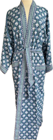 Anokhi for Accacia Long Kimono Bathrobe in Blue Tulip